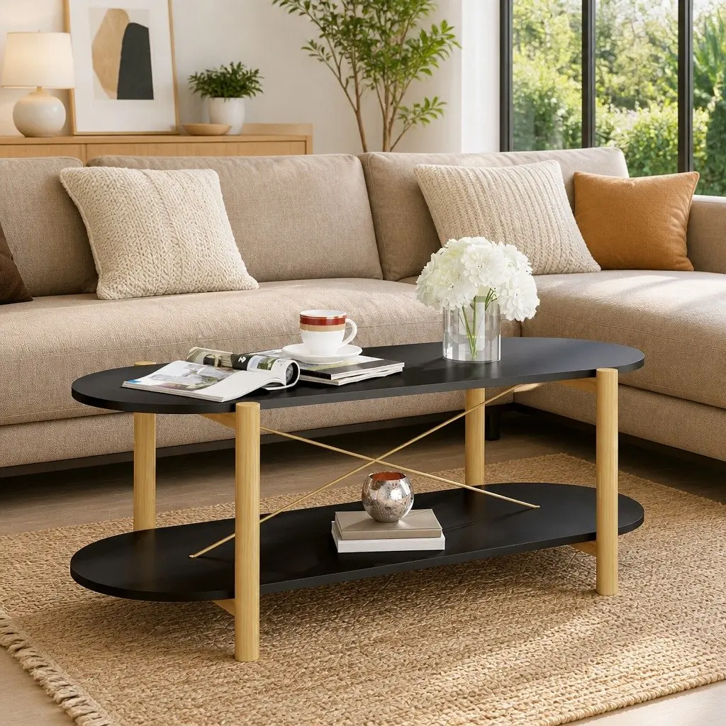 Coffee Table Engineered Wood Black Accent Storage Living Room Solid Wood Legs 110x48x40cm