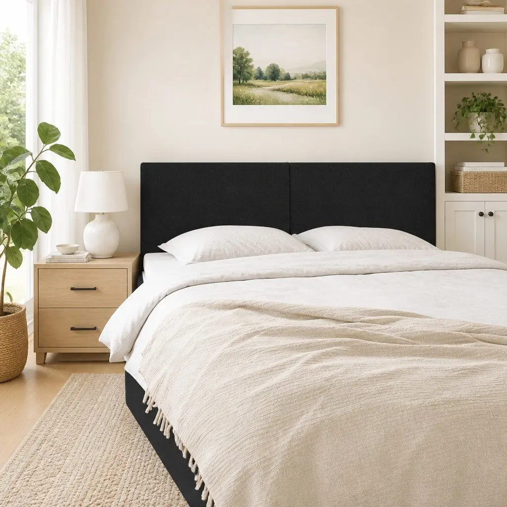 Fabric Headboard Black 144cm Adjustable Height with Wooden Legs