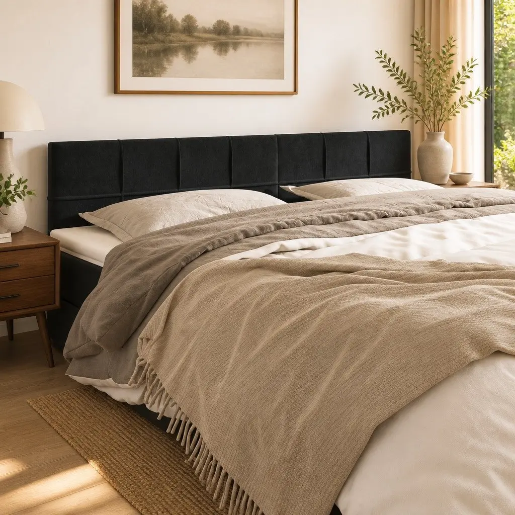 Headboard Velvet Black 200cm Adjustable Height Wooden Legs