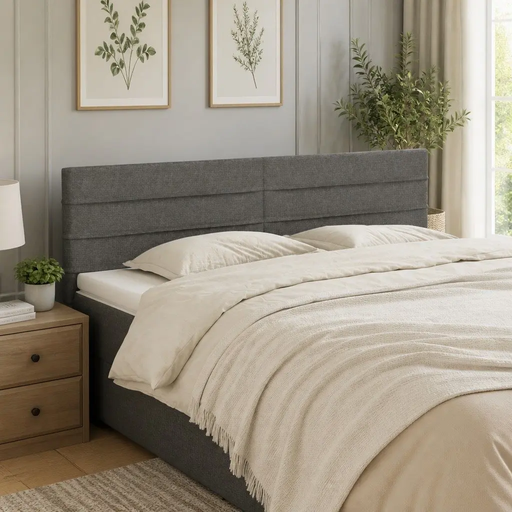 Headboard Fabric Dark Grey Adjustable Height with Wooden Legs