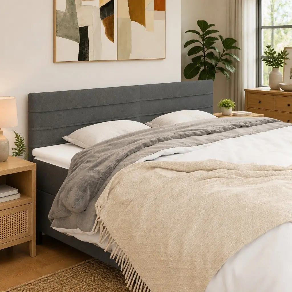 Grey Fabric Bed Headboard Adjustable Height Wooden Legs Back Support