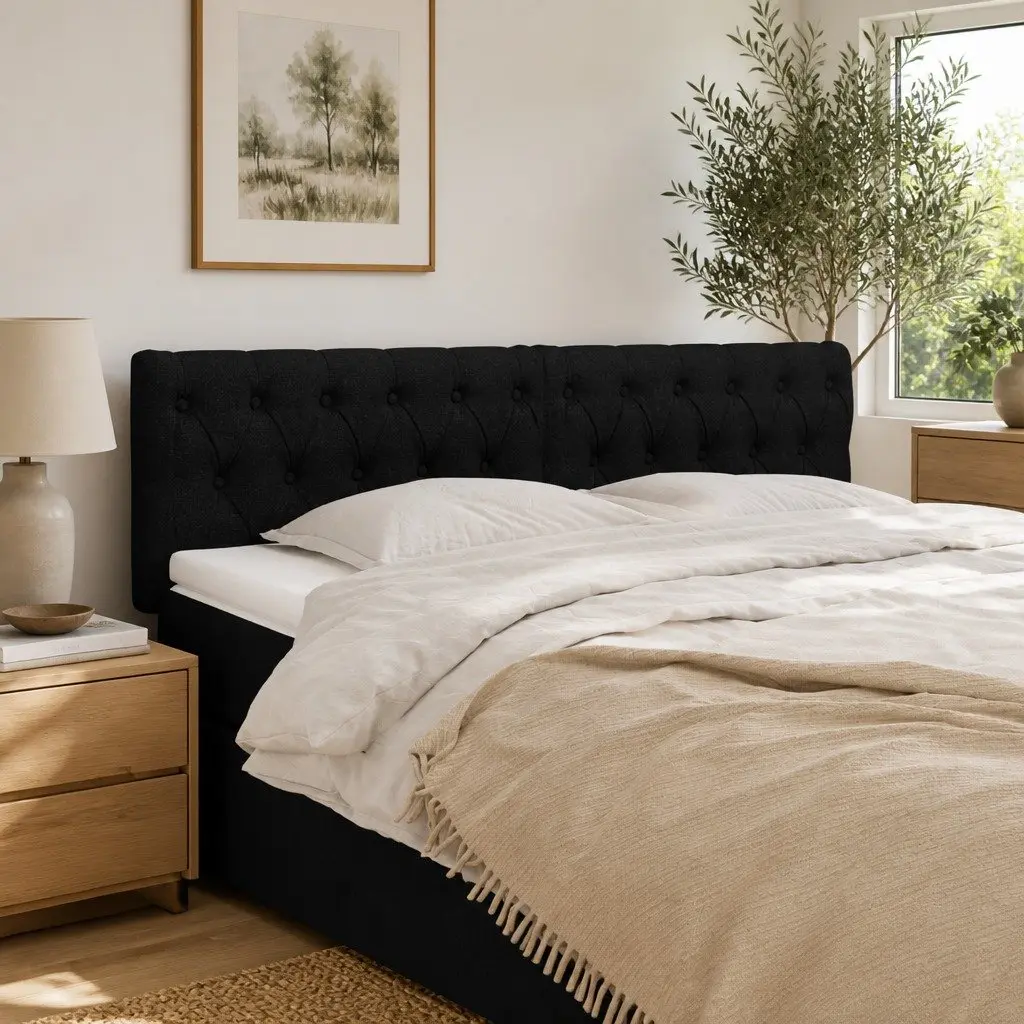 Black Fabric Headboard Adjustable Height Bedroom Bed Back Support Wooden Legs