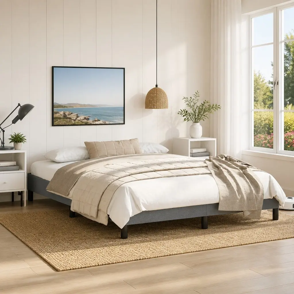 Queen Bed Frame Fabric Upholstered 152x203 cm Grey