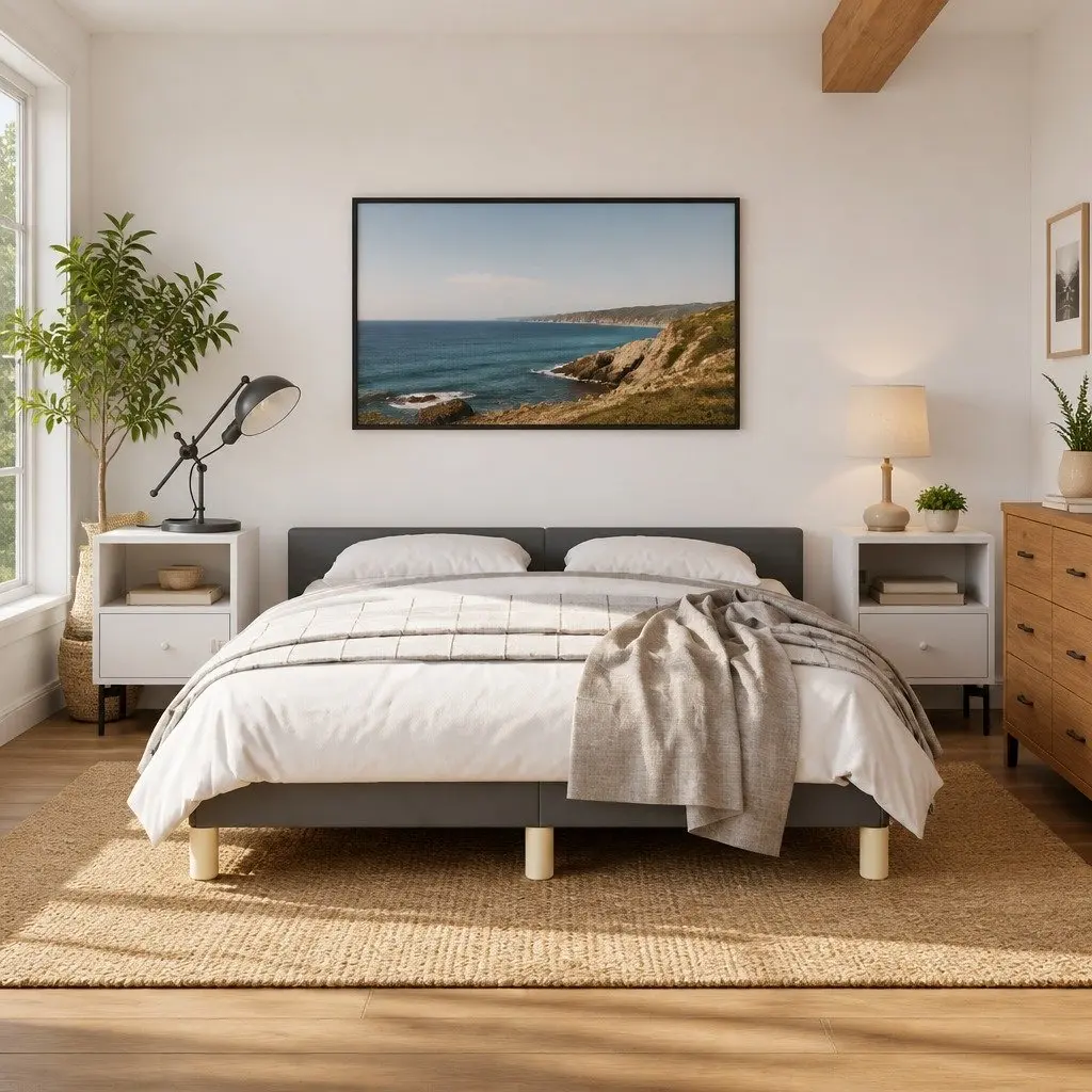 Double Bed Frame Grey Fabric Headboard Plywood Slats