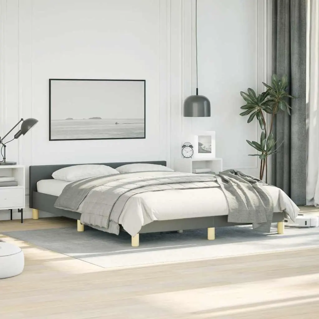 Double Bed Frame Grey Fabric Headboard Plywood Slats