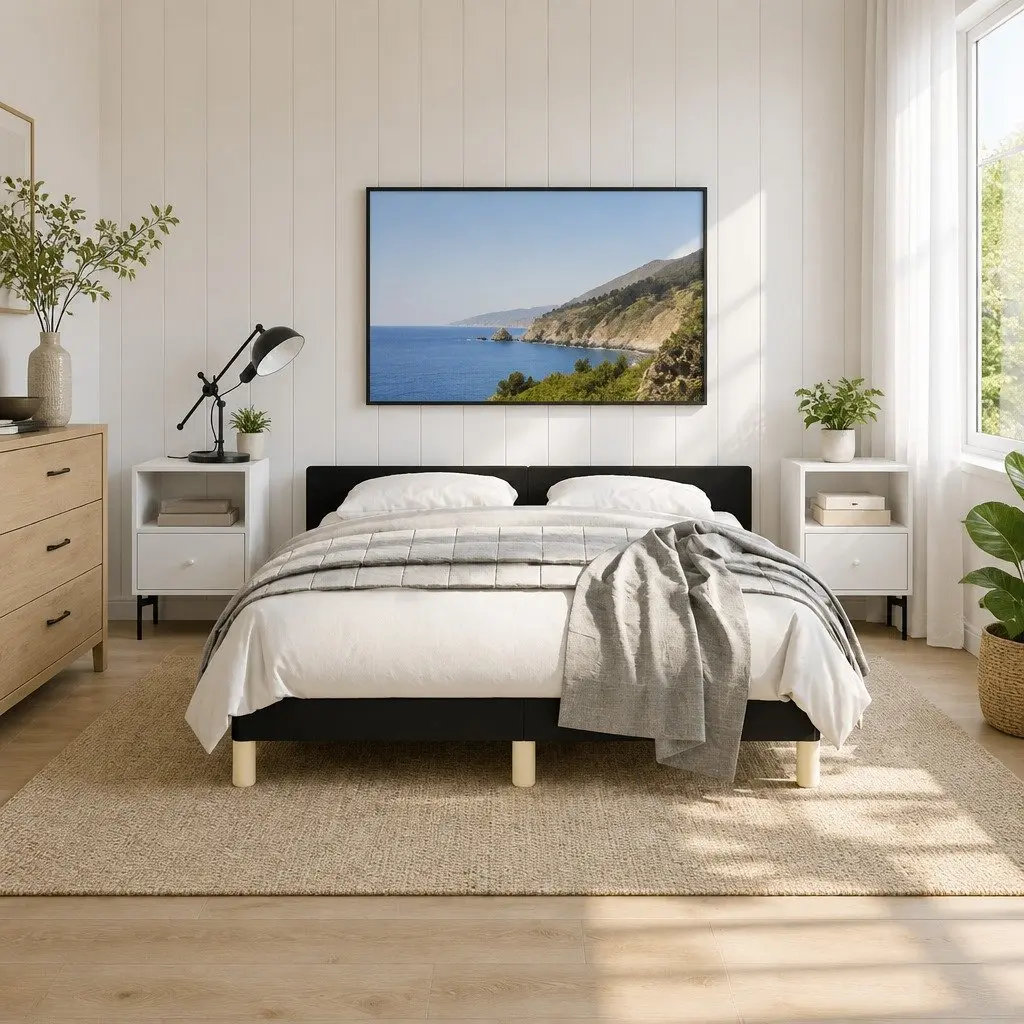 Queen Bed Frame Fabric Upholstery Black with Headboard