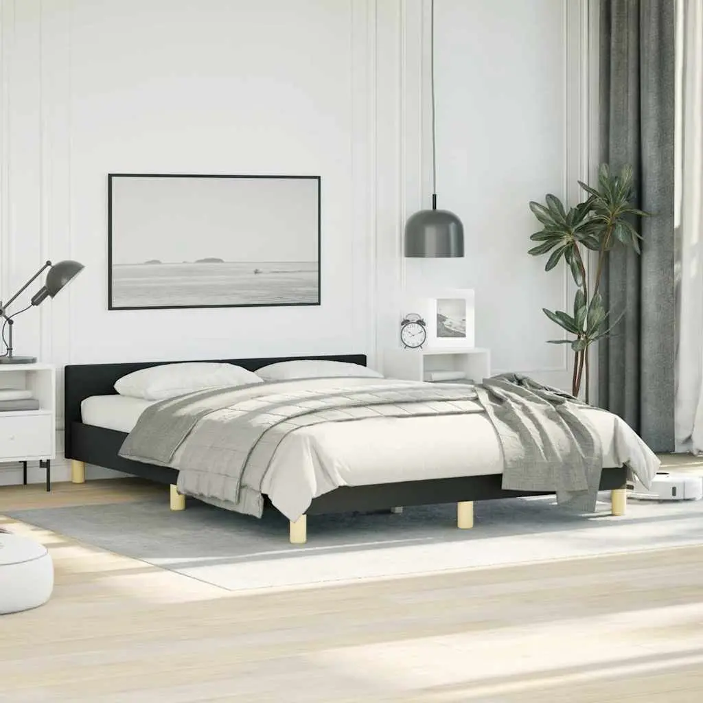 Queen Bed Frame Fabric Upholstery Black with Headboard