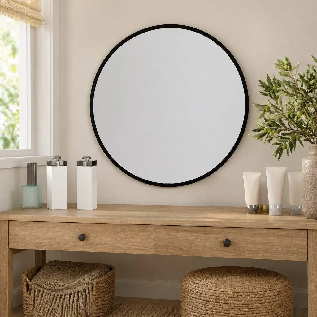 30cm Black Round Wall Mirror Glass Frame PVC Wall Mounted Minimalist Home Decor