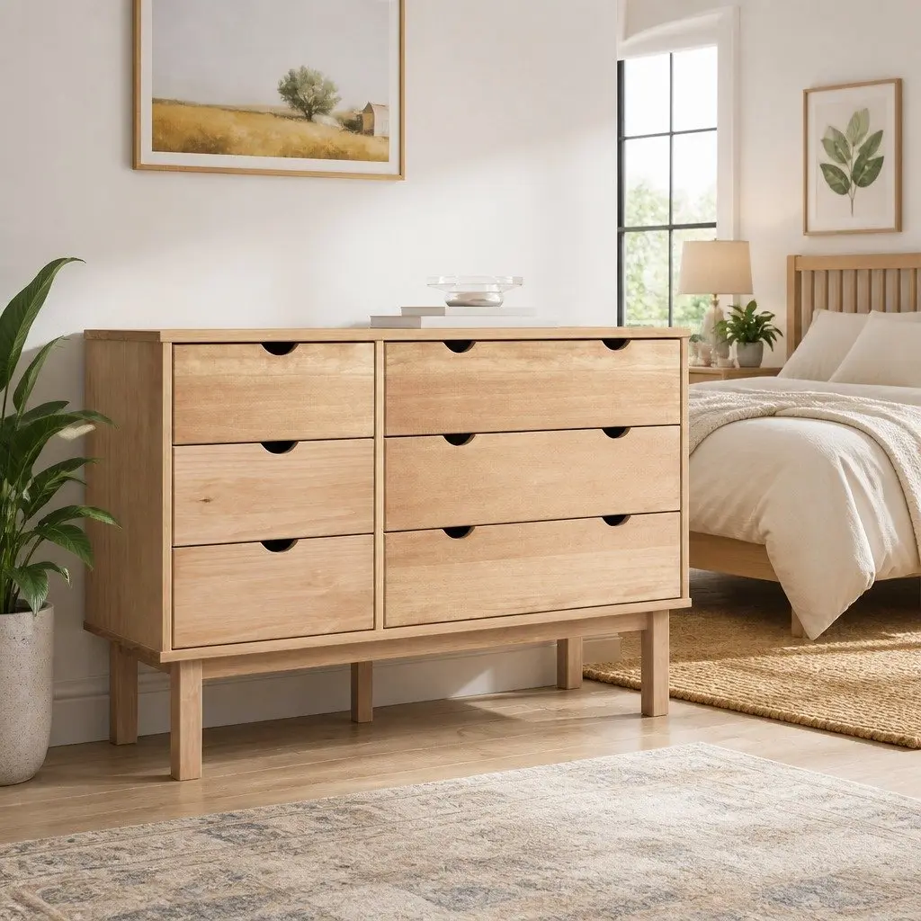 Drawer Chest Solid Pine Wood 6 Storage Drawers Brown Scandinavian Style