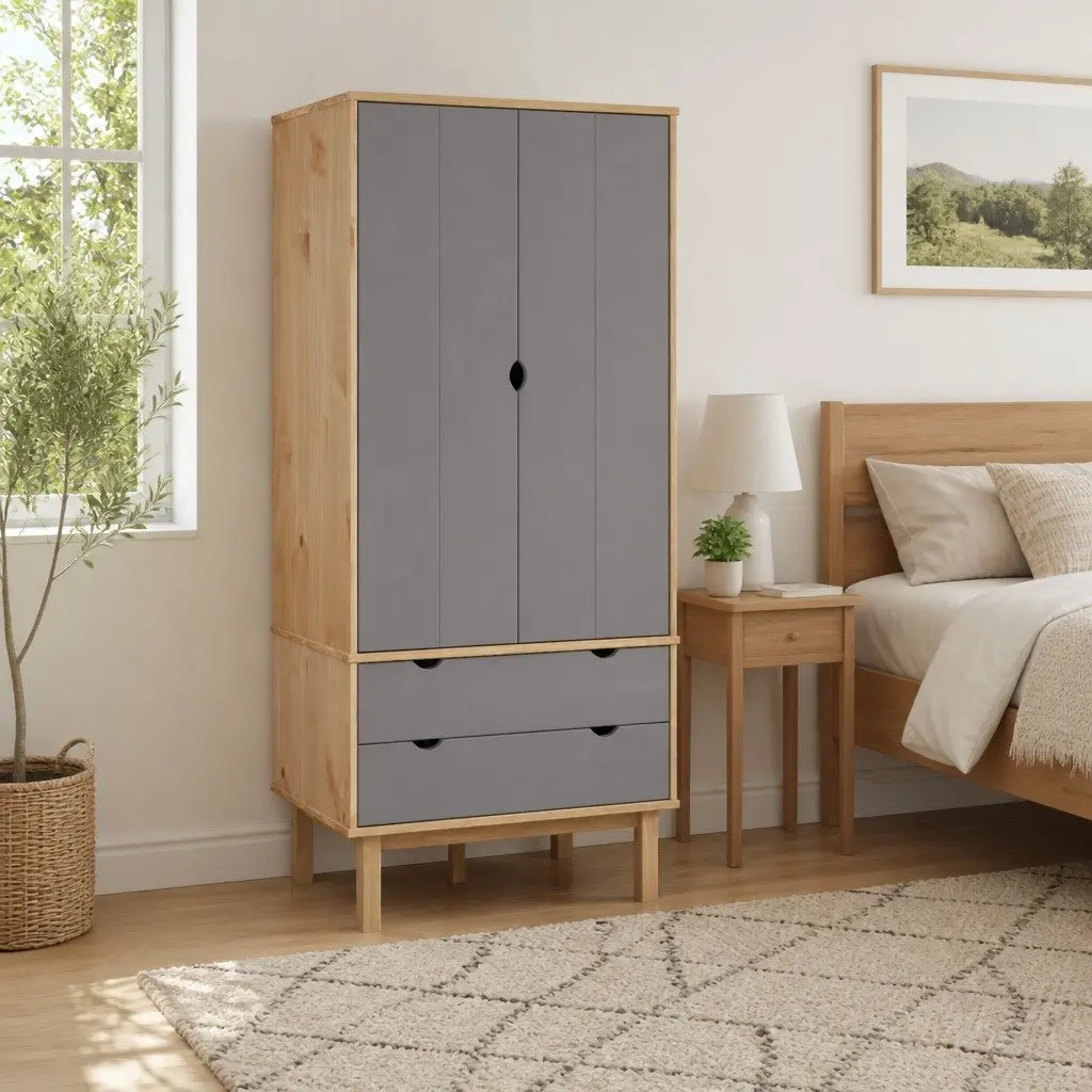 Grey Solid Wood Wardrobe with Organised Storage 76.5x53x172cm