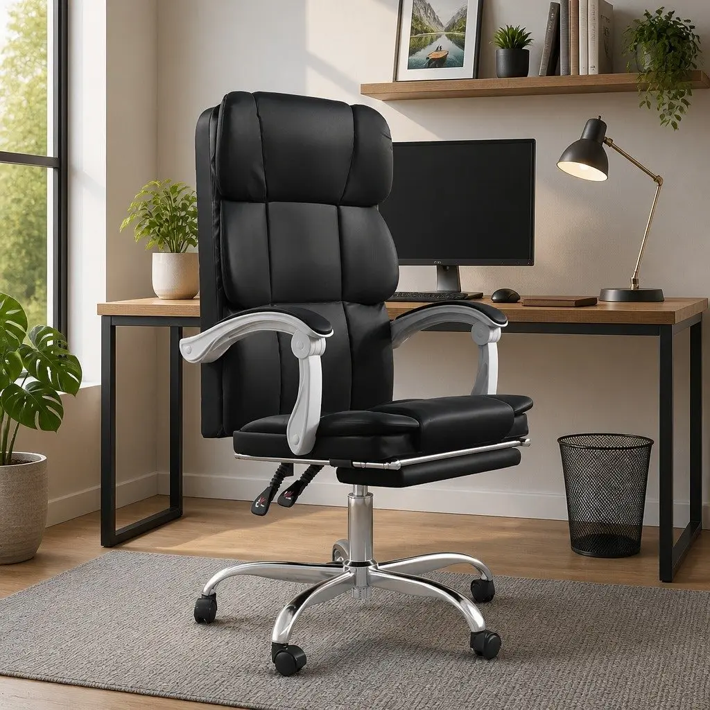 Reclining Office Chair Faux Leather Adjustable Backrest Height Swivel Black