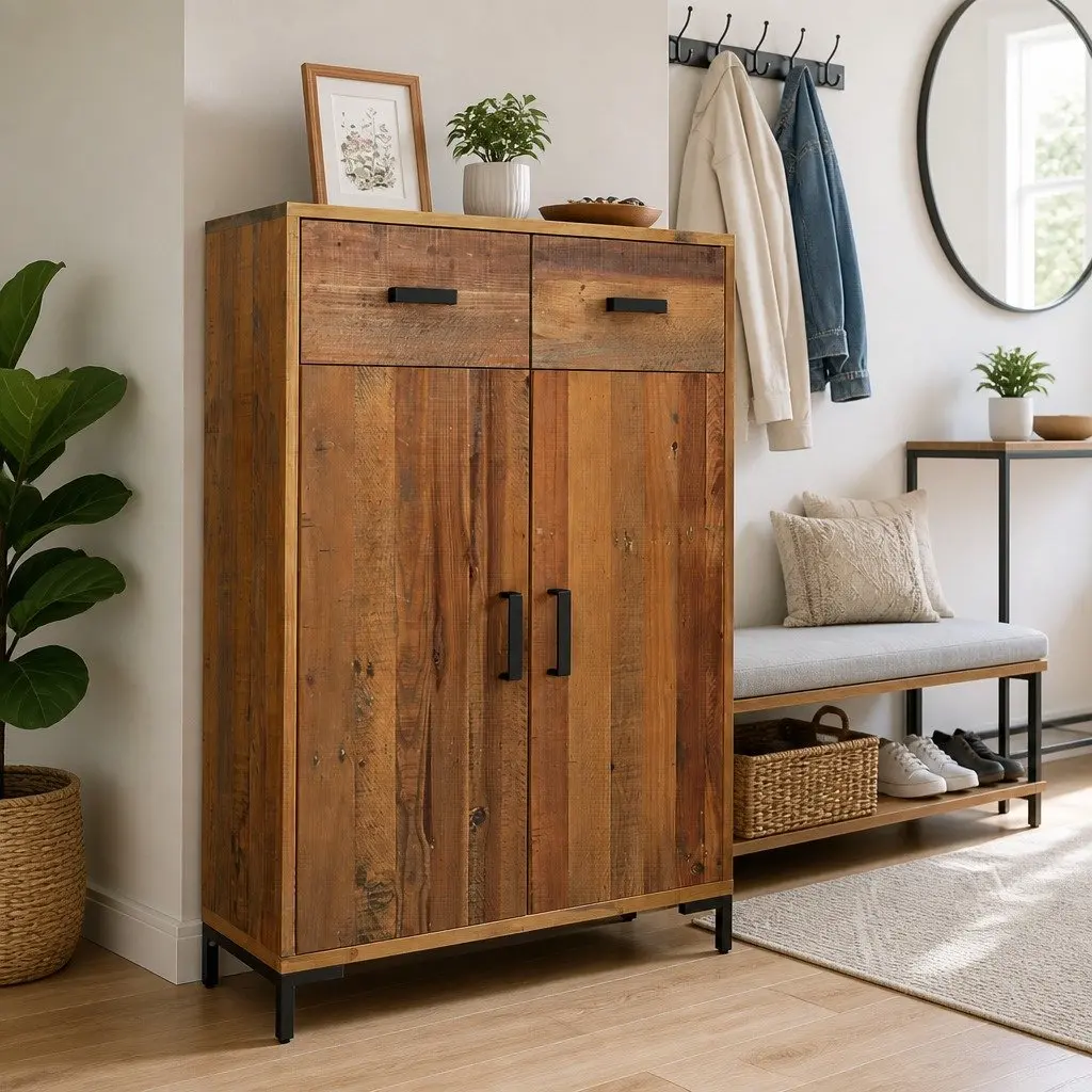Shoe Storage Cabinet Brown Solid Pinewood 75x40x110 cm with 2 Drawers and 2 Compartments Stable Top Surface