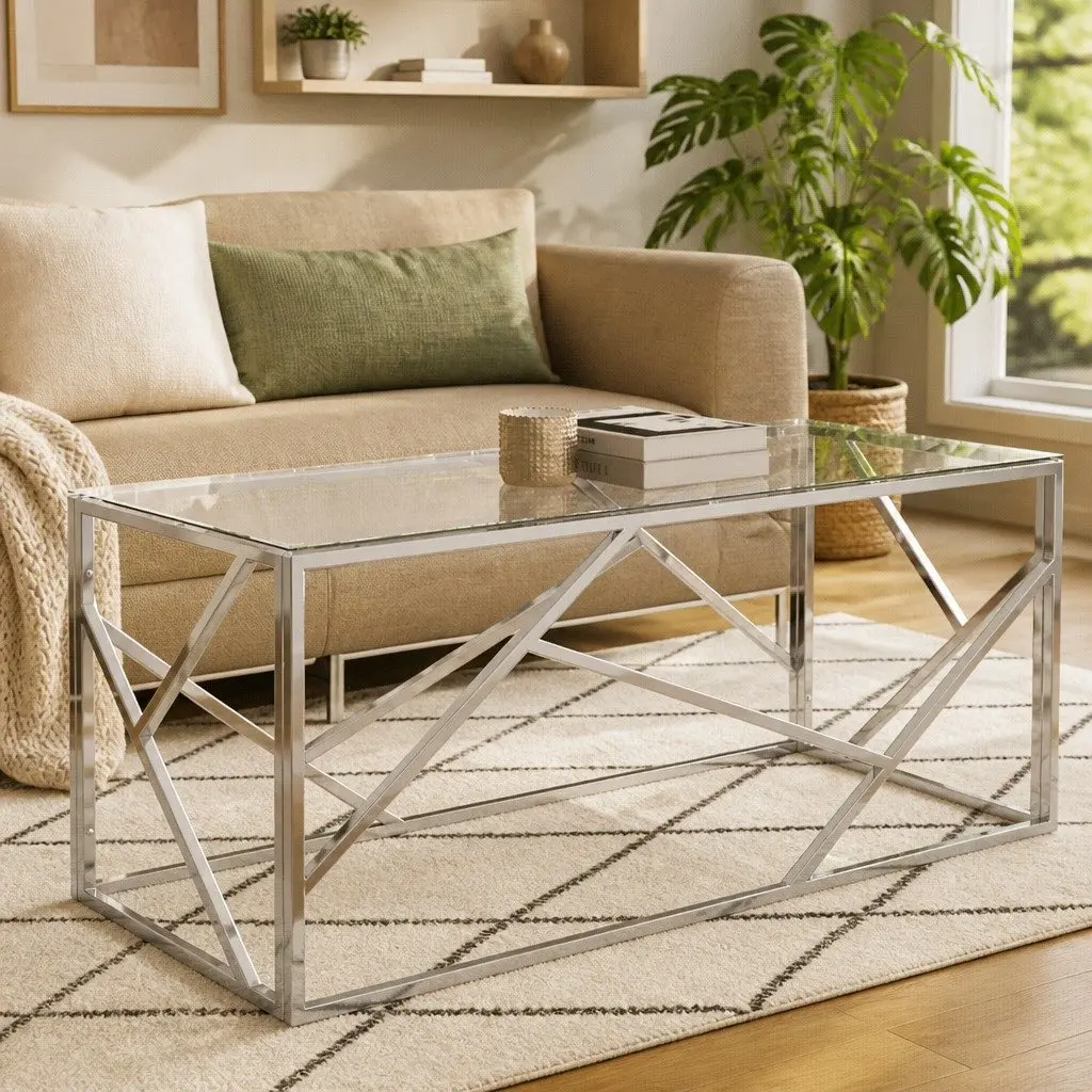 Coffee Table Silver Stainless Steel Frame Tempered Glass Top Modern Accent