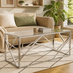 Coffee Table Silver Stainless Steel Frame Tempered Glass Top Modern Accent