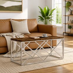Coffee Table Solid Reclaimed Wood Stainless Steel Frame Living Room Accent