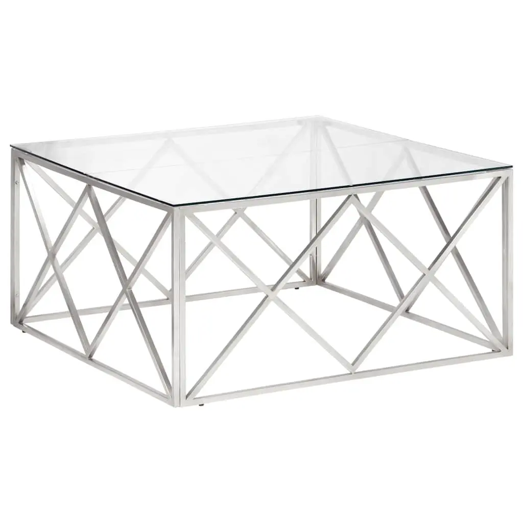 Coffee Table Stainless Steel Frame Tempered Glass Top Modern Silver