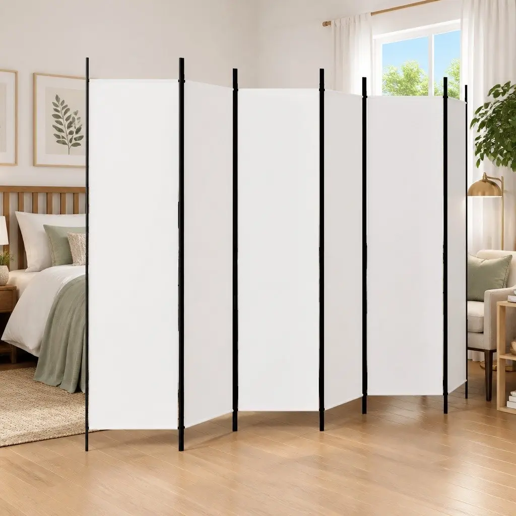 6 Panel Folding Room Divider White Polyester Privacy Screen 300x200 cm
