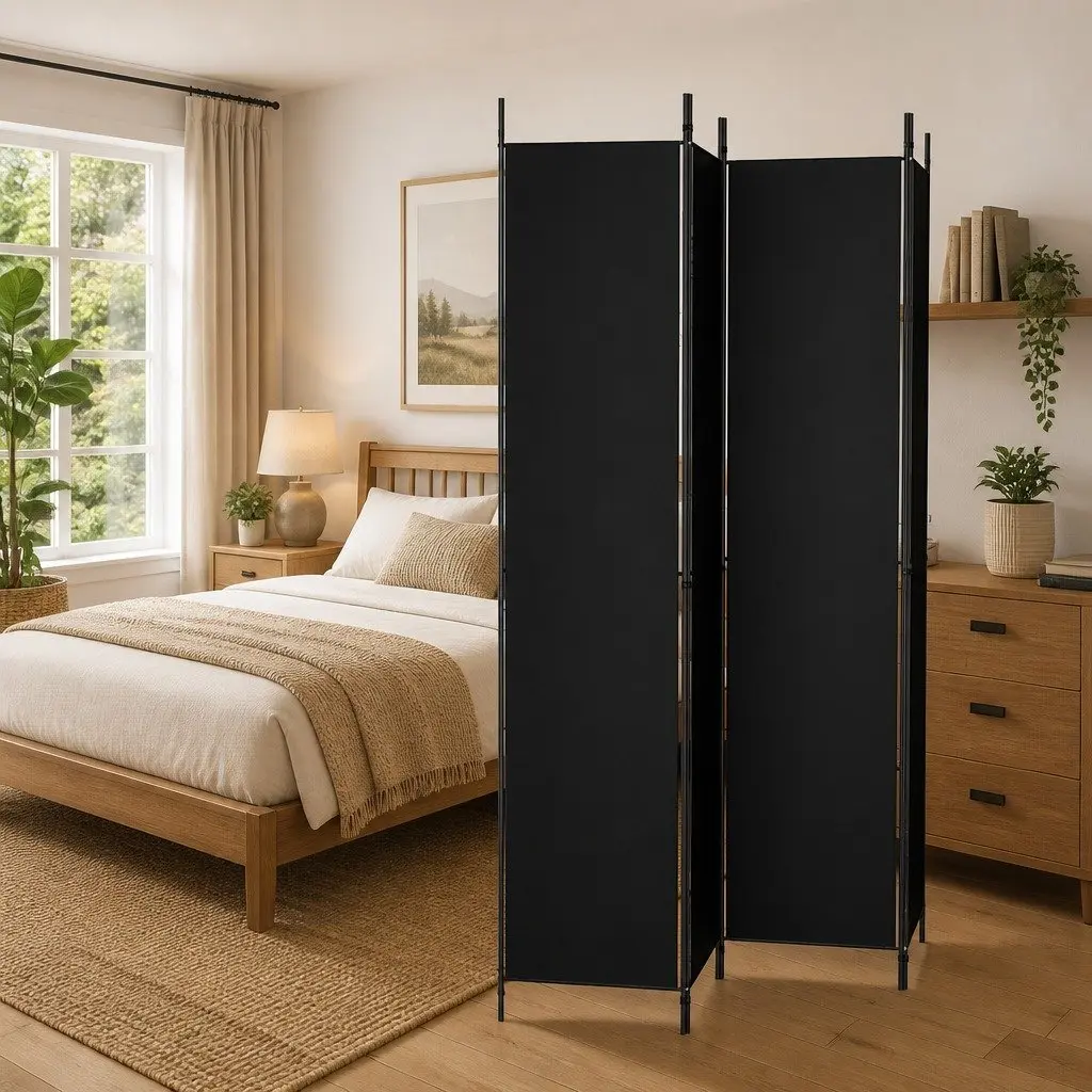 4-Panel Black Fabric Room Divider for Home Use