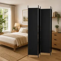 Practical 4-Panel Black Fabric Room Divider for Home Use