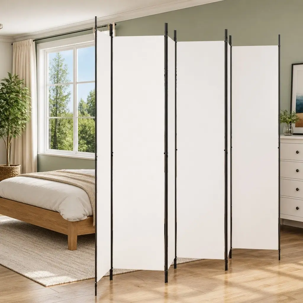 6 Panel Folding Screen Room Divider Fabric Privacy Partition White 300x220cm