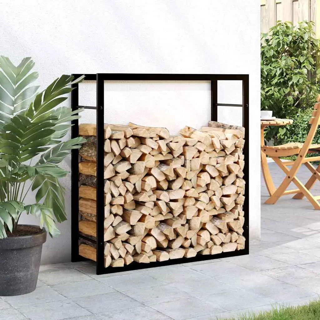 Firewood Rack Black Powdered Steel 80 x 28 x 86 cm Outdoor Indoor Fireplace Wood Stand