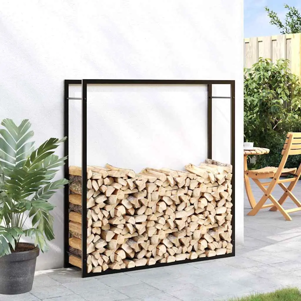 Firewood Storage Holder Steel Outdoor Garden Black Rack 110x28x116cm