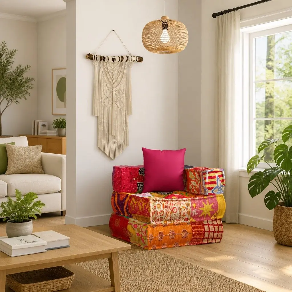 Modular Corner Sofa Pouffe Multicolour Patchwork Cotton Fabric Lounge Chair with Pillow