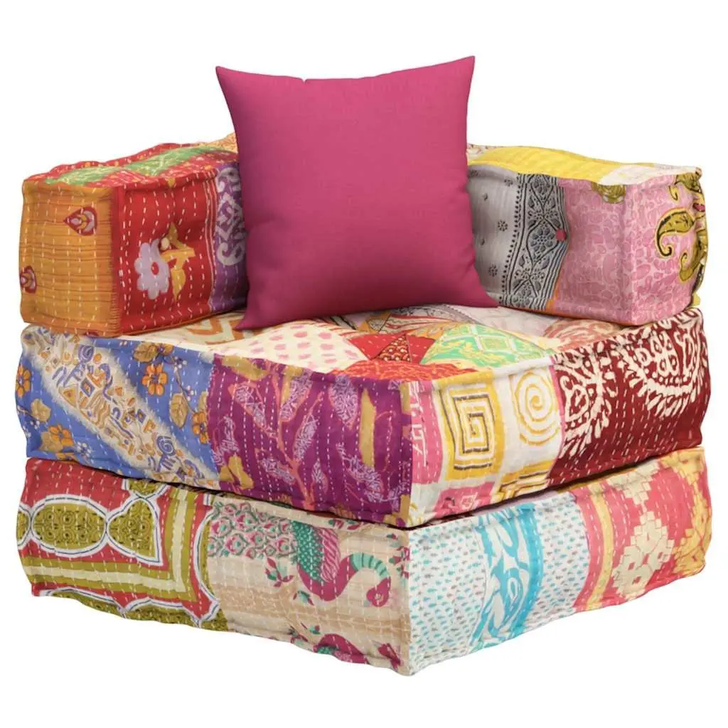 Modular Corner Sofa Pouffe Multicolour Patchwork Cotton Fabric Lounge Chair with Pillow
