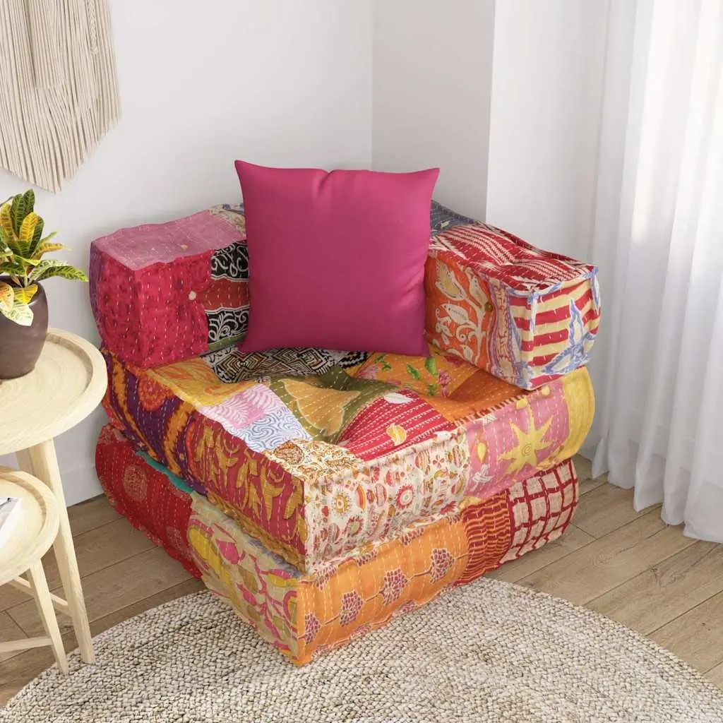 Modular Corner Sofa Pouffe Multicolour Patchwork Cotton Fabric Lounge Chair with Pillow