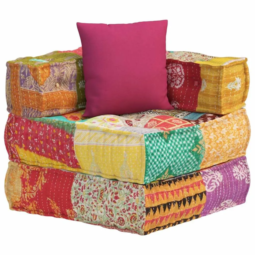 Modular Corner Sofa Pouffe Multicolour Patchwork Cotton Fabric Lounge Chair with Pillow