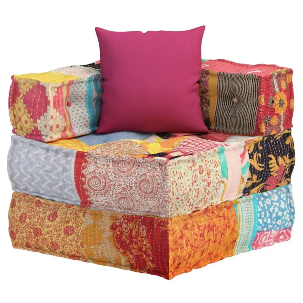 Modular Corner Sofa Pouffe Multicolour Patchwork Cotton Fabric Lounge Chair with Pillow