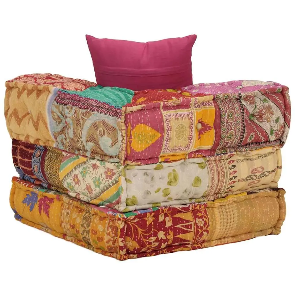 Modular Corner Sofa Pouffe Multicolour Patchwork Cotton Fabric Lounge Chair with Pillow