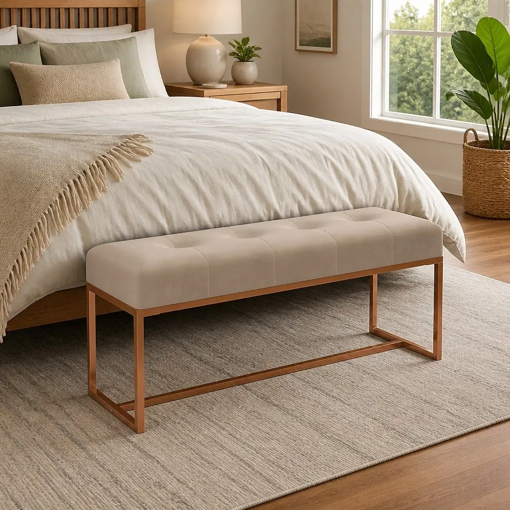 Beige Velvet Bench Padded Storage Seating Furniture Living Room Entryway