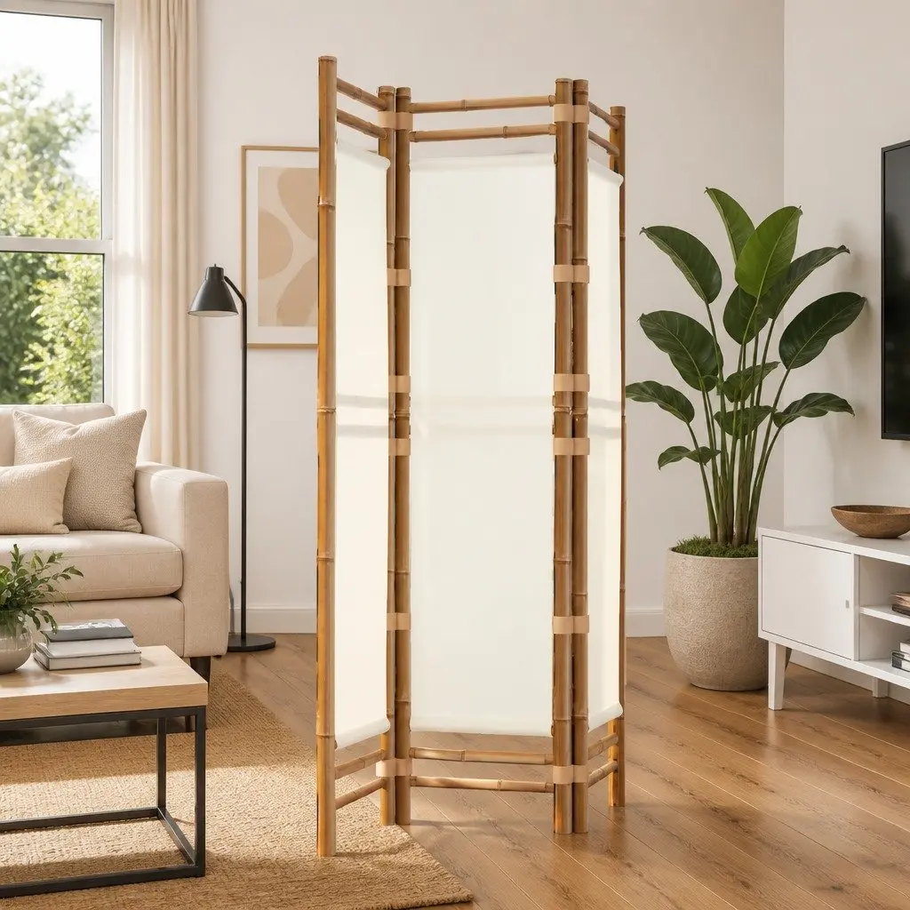 Room Divider Bamboo 3-Panel Folding Privacy Screen Canvas Cream Indoor