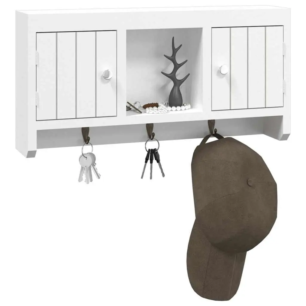 Key Cabinet Wall-Mounted Engineered Wood White Storage Organiser with Hooks Compartments Shelf 40 x 8.5 x 20 cm