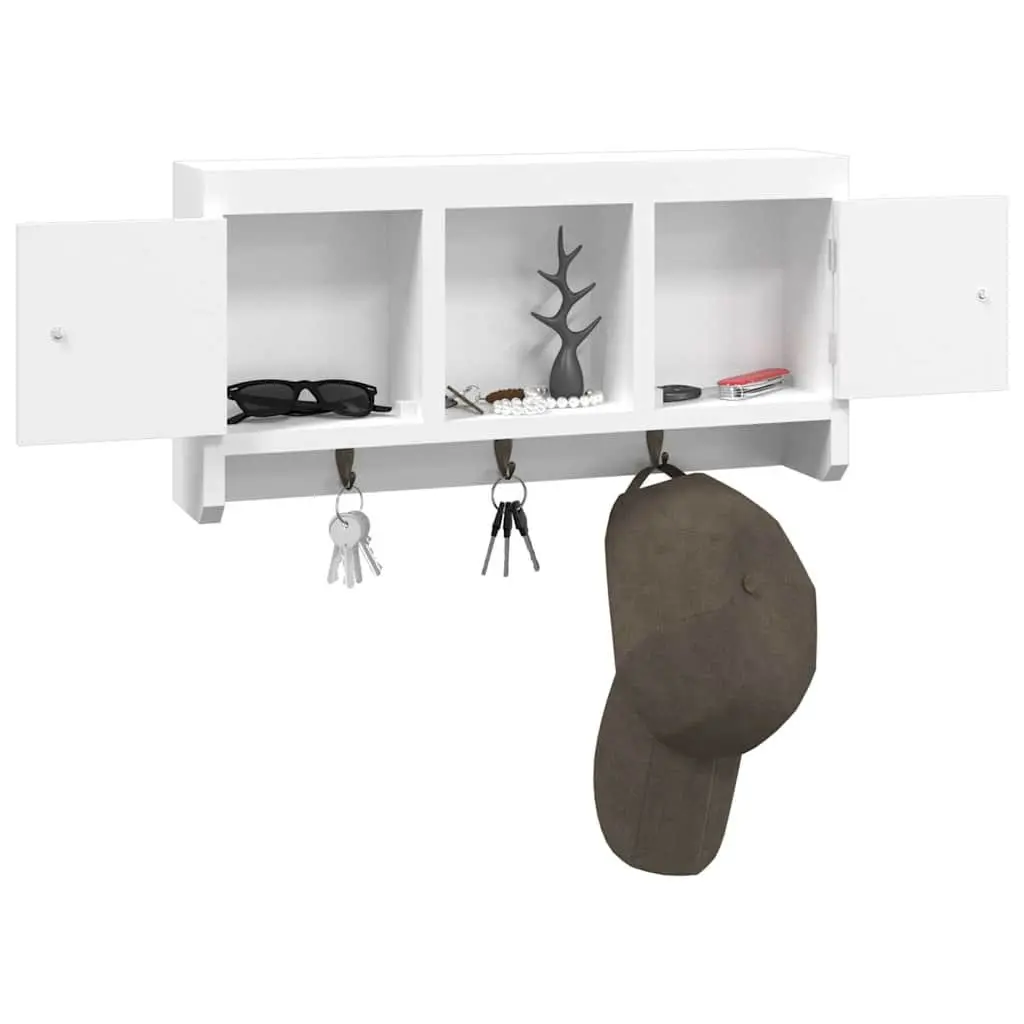 Key Cabinet Wall-Mounted Engineered Wood White Storage Organiser with Hooks Compartments Shelf 40 x 8.5 x 20 cm
