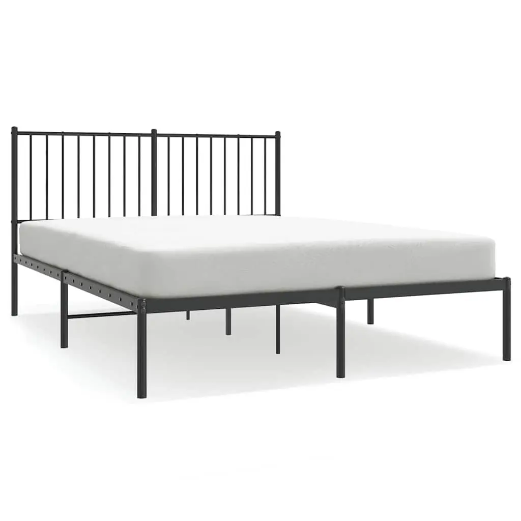 Metal Bed Frame 135x190cm Black Powder Coated Steel with Slats and Headboard for Bedroom Furniture