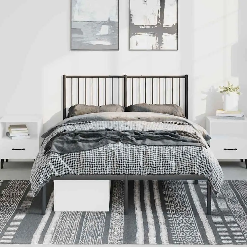 Metal Bed Frame 135x190cm Black Powder Coated Steel with Slats and Headboard for Bedroom Furniture