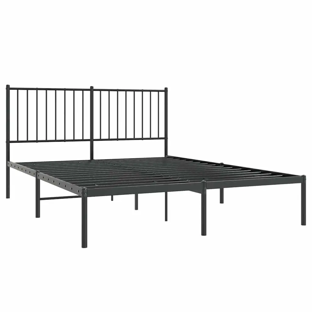 Metal Bed Frame 135x190cm Black Powder Coated Steel with Slats and Headboard for Bedroom Furniture