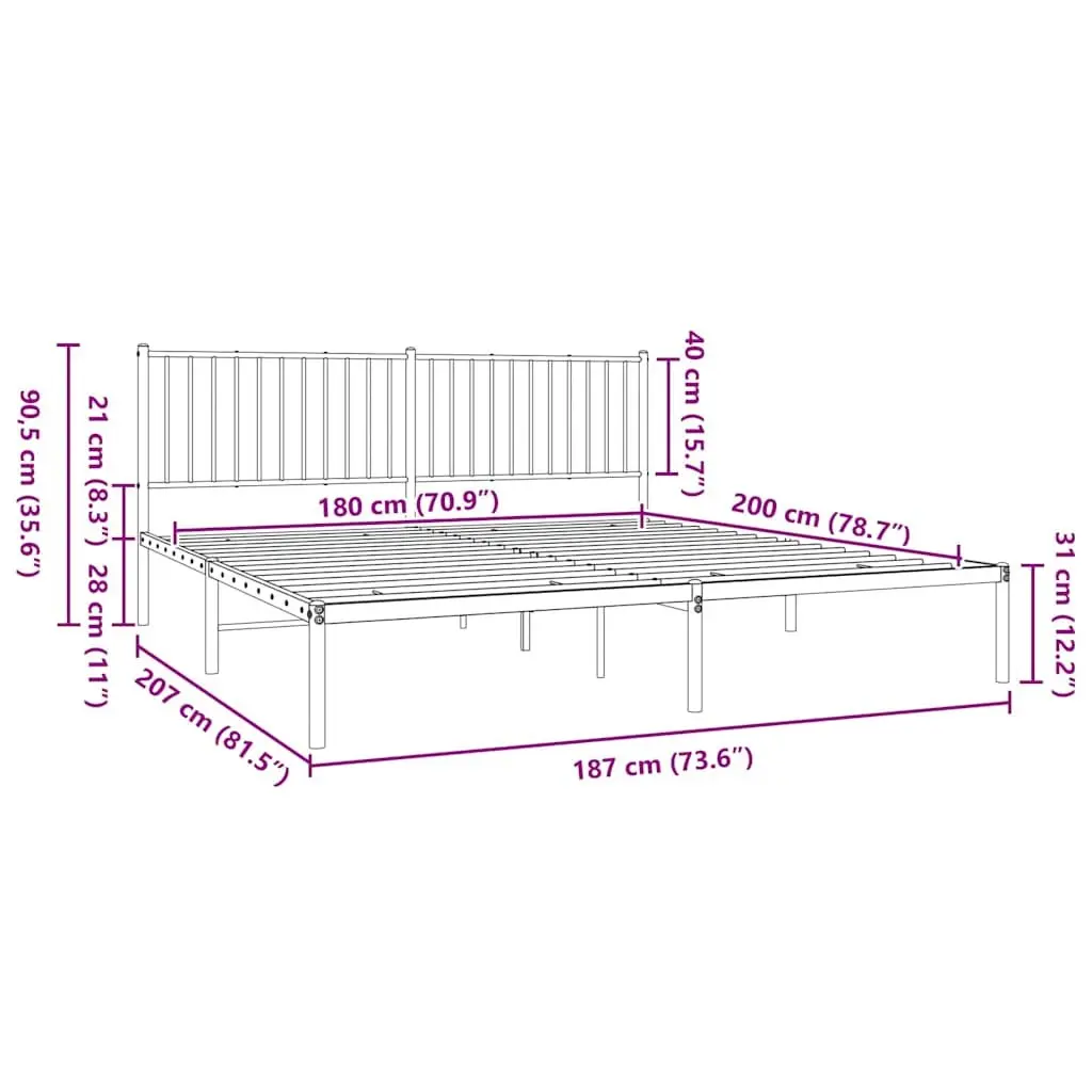 Metal Bed Frame King Powder-coated Steel 183x203 cm Black with Headboard Slatted Base
