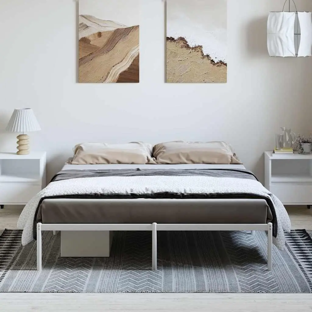 Steel Bed Frame White Slatted Base 150x200cm Durable Construction Bedroom Furniture