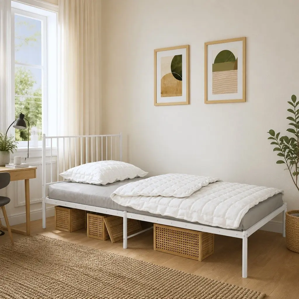 Metal Bed Frame King Single Powder-Coated Steel 107x203 cm Slatted Base Headboard White