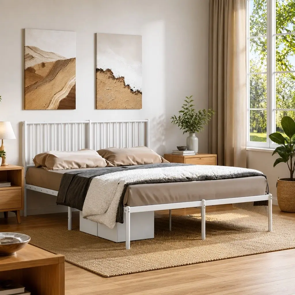 White Metal Bed Frame 135x190 cm with Headboard and Underbed Storage Space