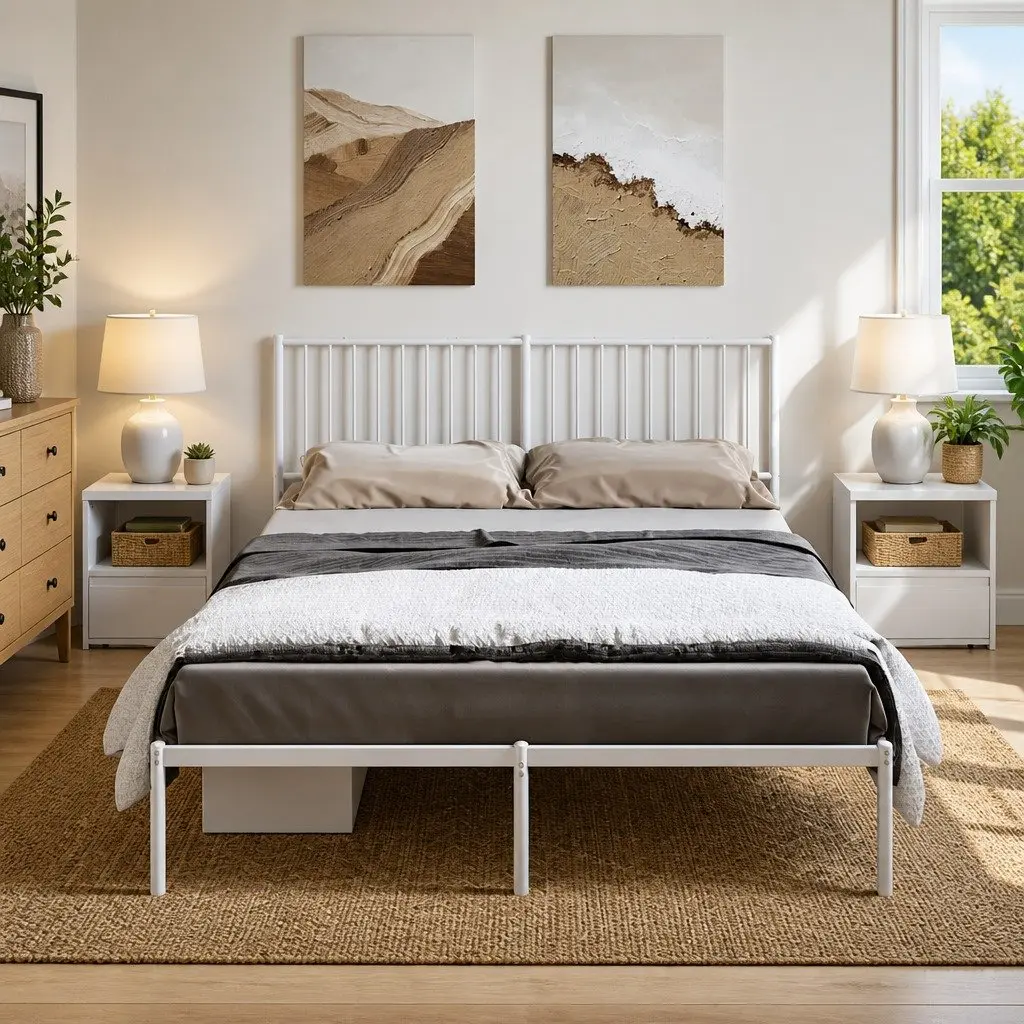 Metal Bed Frame Powder-coated Steel 150x200 cm White with Headboard