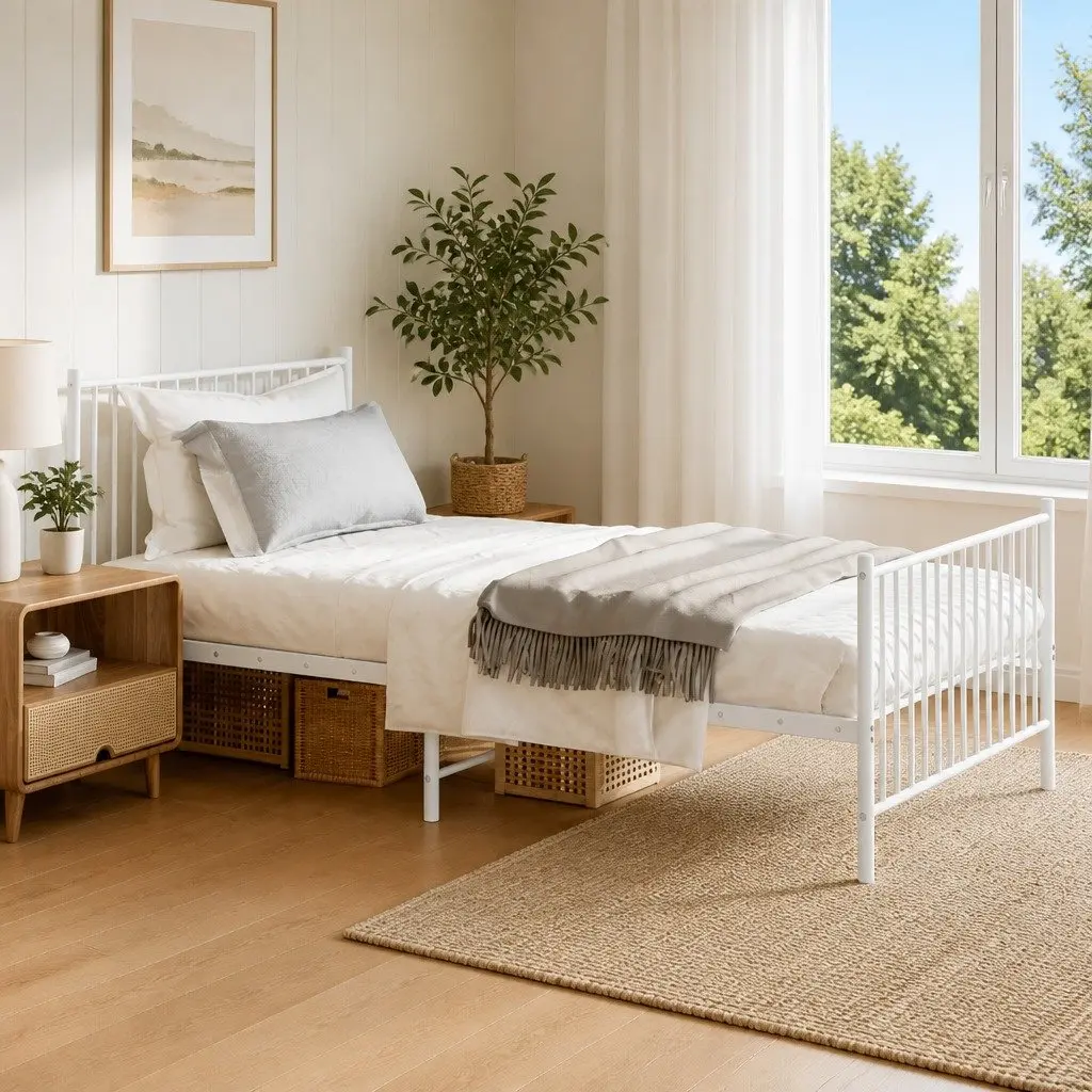 King Single Bed Frame Metal White Slatted Base Powder Coated Steel 107x203 cm Bedroom