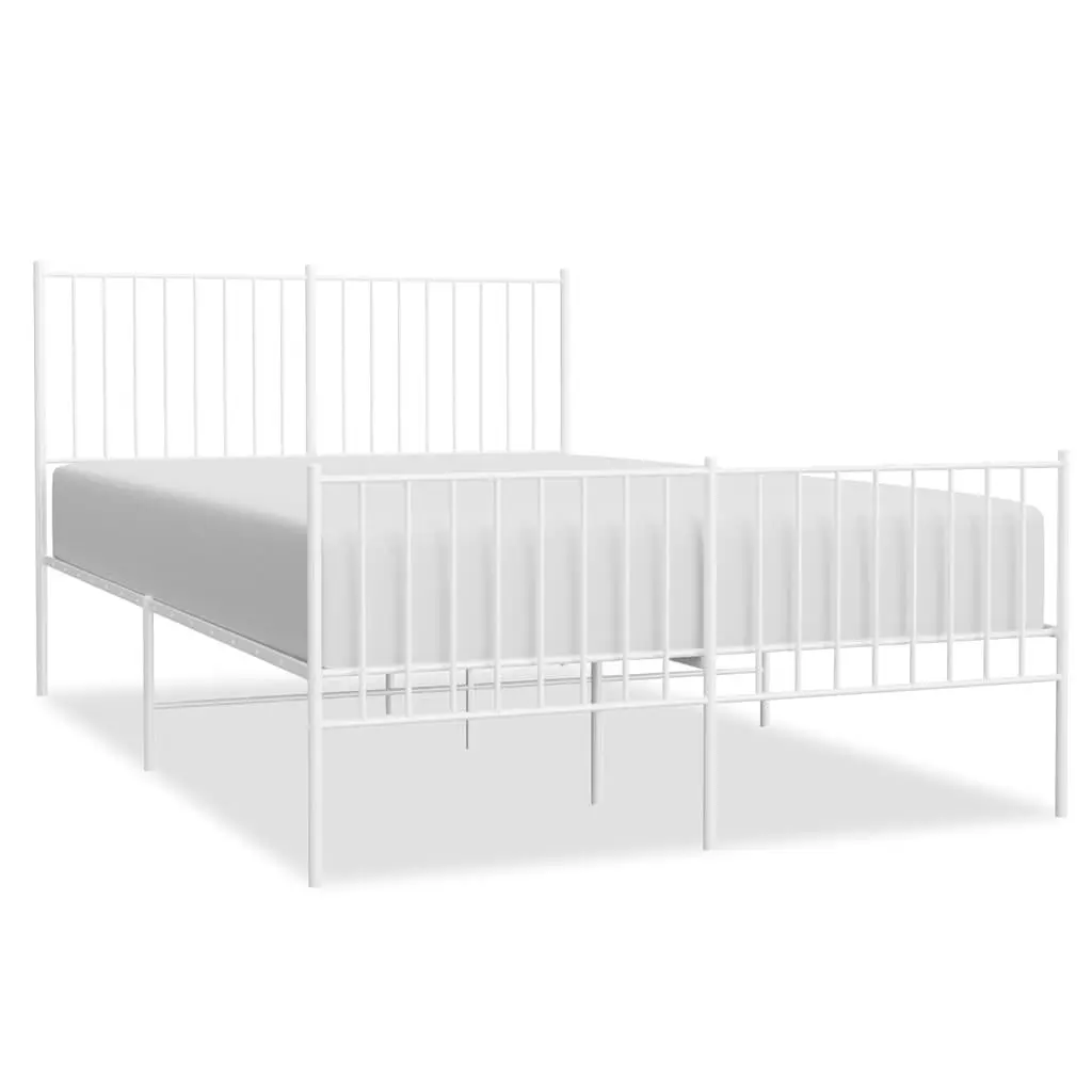 Metal Bed Frame 135x190 cm White with Footboard Slatted Base Bedroom Furniture