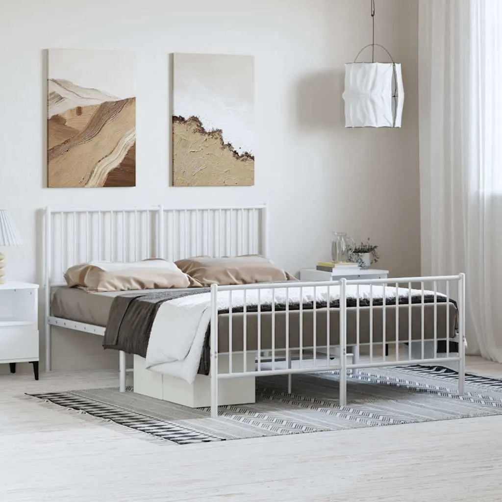 Metal Bed Frame 135x190 cm White with Footboard Slatted Base Bedroom Furniture