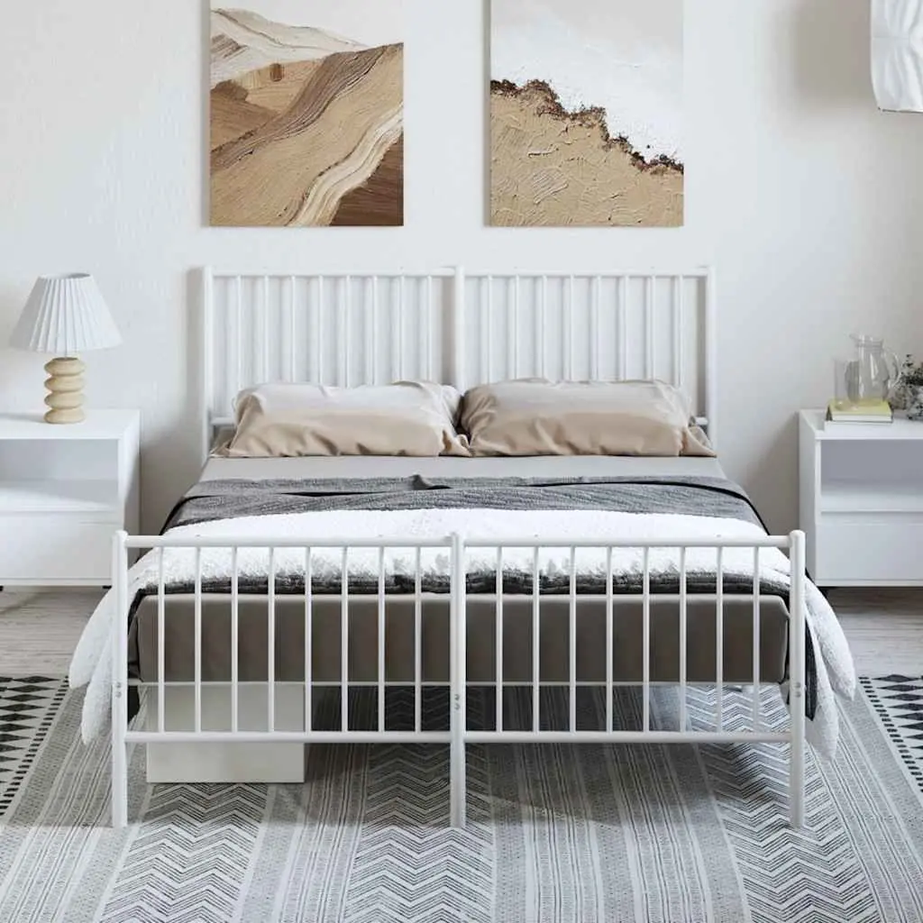 Metal Bed Frame 135x190 cm White with Footboard Slatted Base Bedroom Furniture