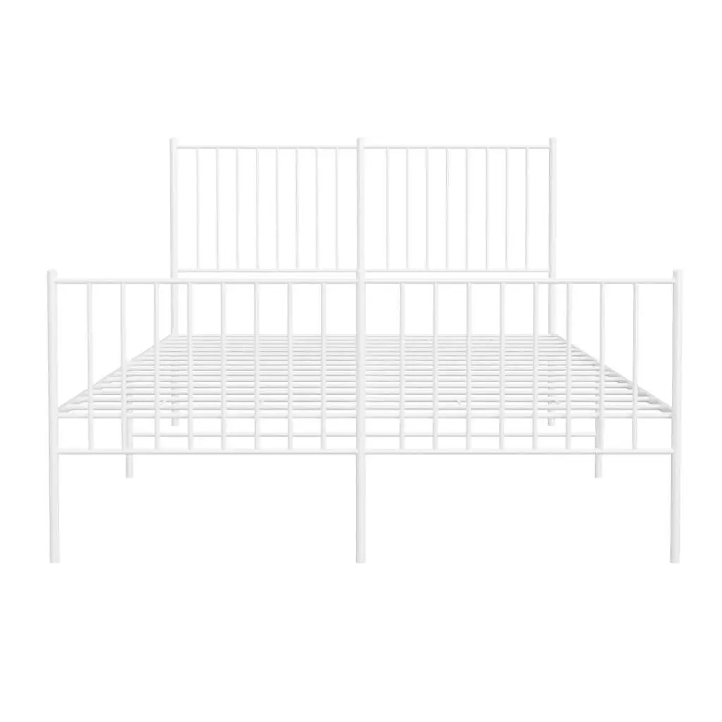 Metal Bed Frame 135x190 cm White with Footboard Slatted Base Bedroom Furniture
