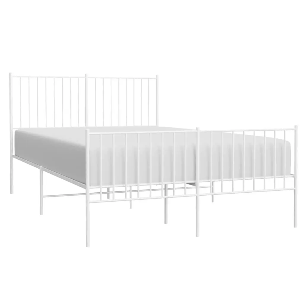 Metal Bed Frame 135x190 cm White with Footboard Slatted Base Bedroom Furniture